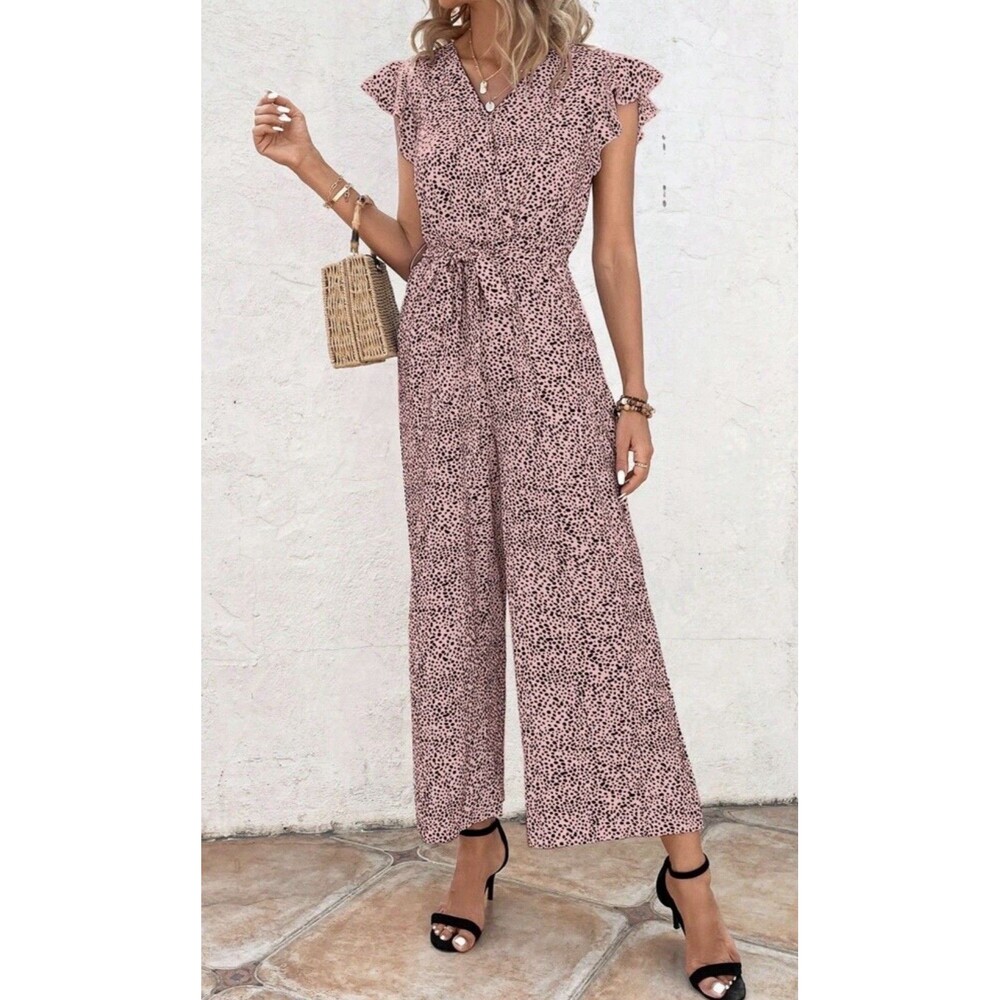 NWOT Emery Rose Pink Printed Ruffle Sleeve Belted Jumpsuit Women's Size Medium